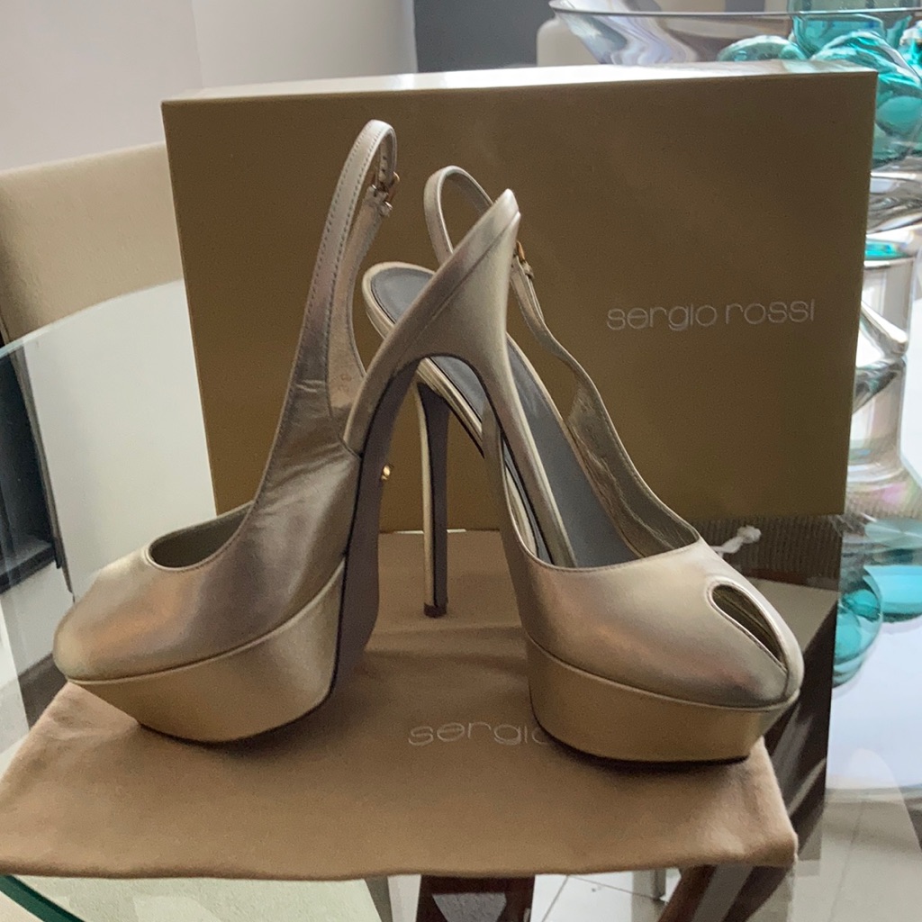 Sergio Rossi New Slingback Heel Elegant Pelle Nappa Silk Mekong Gold Size 39